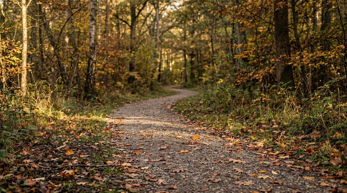 Ein vertrauter Weg im Park am fr&uuml;hen Abend, Laub auf dem Boden
