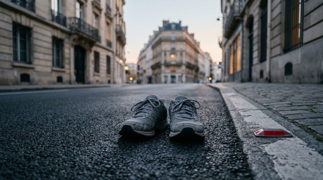 Ruhige Stadtstra&szlig;e am fr&uuml;hen Morgen mit Laufschuhen auf dem Asphalt
